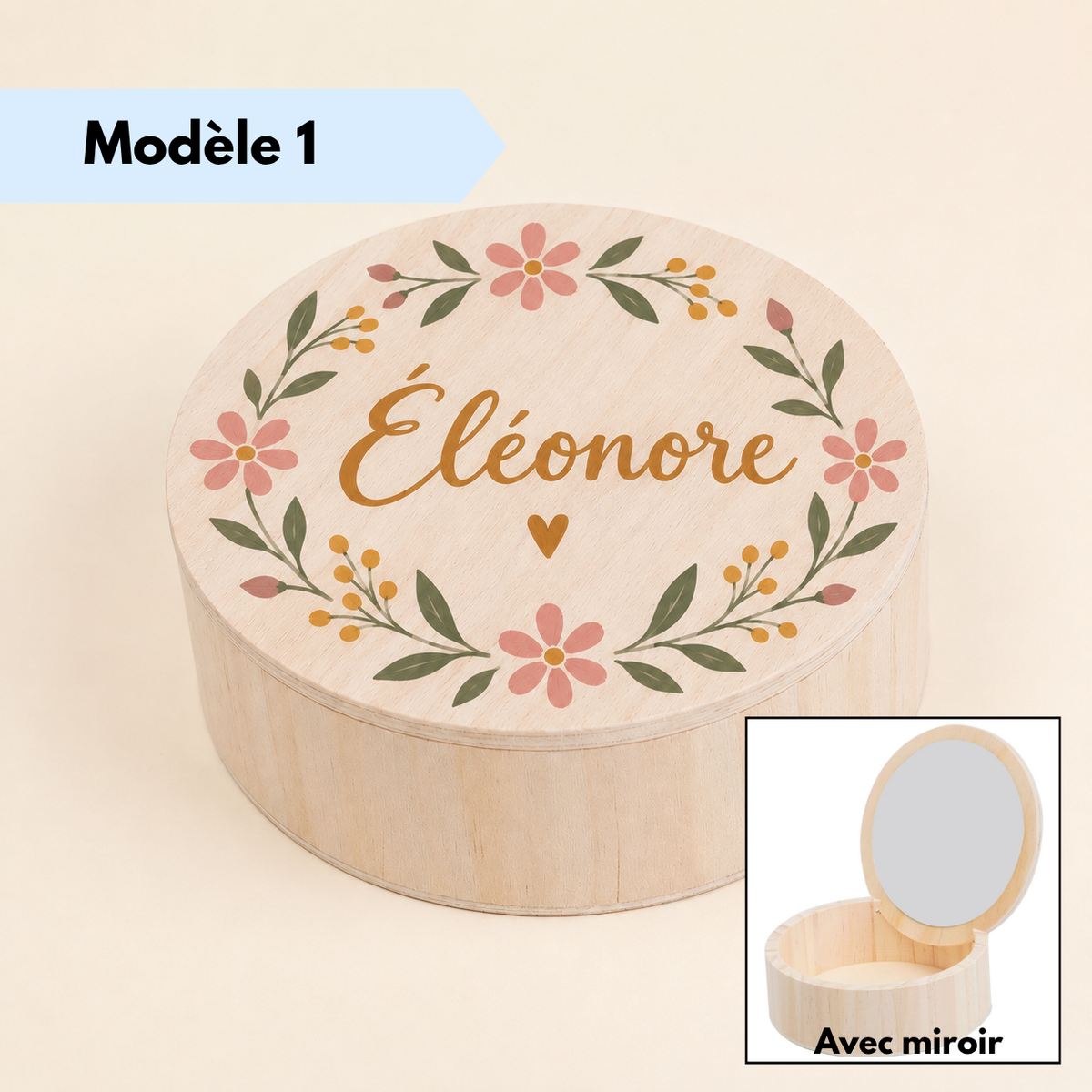 Boîte à bijoux ronde en bois personnalisée avec prénom et décoration florale