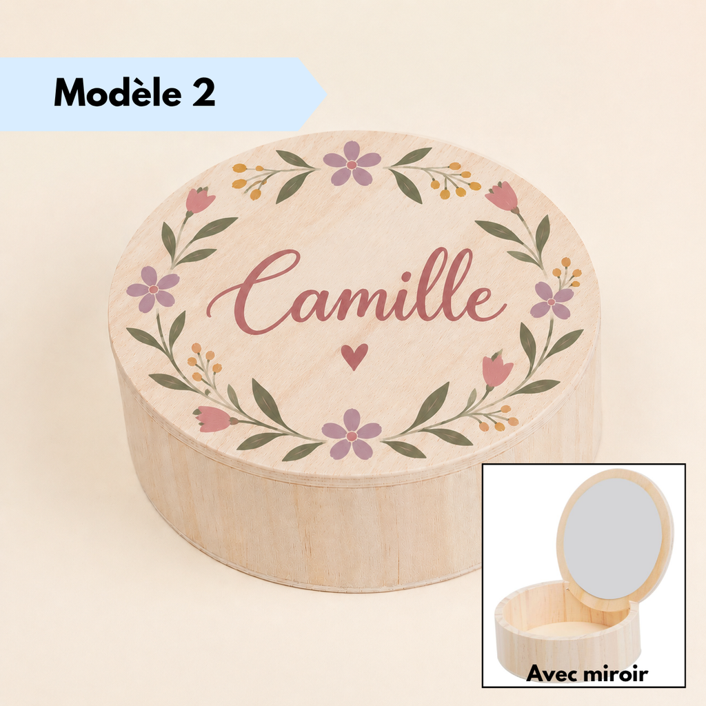 Boîte à bijoux en bois ronde de 15 cm avec prénom peint sur le couvercle