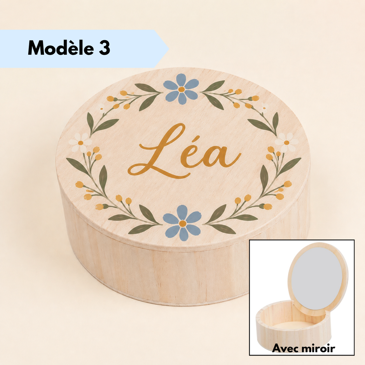 Boîte à bijoux personnalisée en bois avec motif floral et prénom