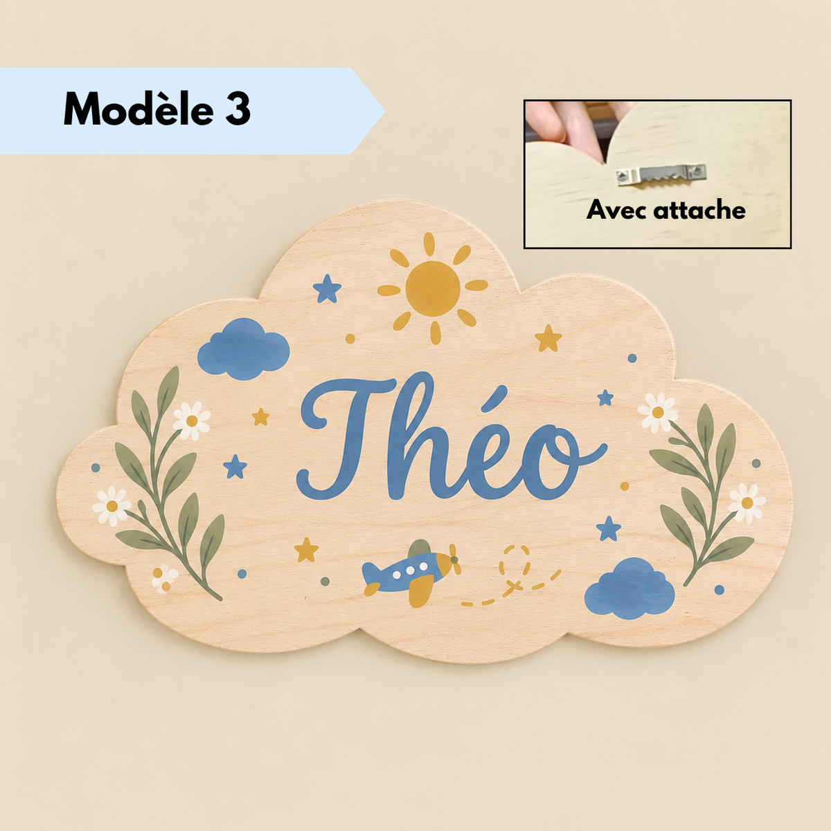 Plaque nuage personnalisée avec prénom pour chambre bébé
