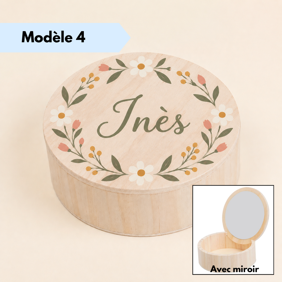 Boîte à bijoux ronde en bois avec miroir intégré dans le couvercle