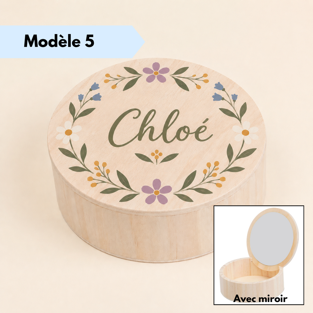 Boîte à bijoux en bois personnalisée avec prénom et petits motifs floraux