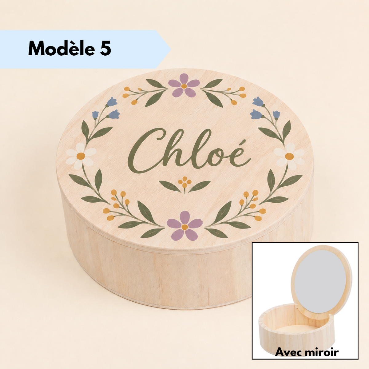 Boîte à bijoux en bois personnalisée avec prénom et petits motifs floraux