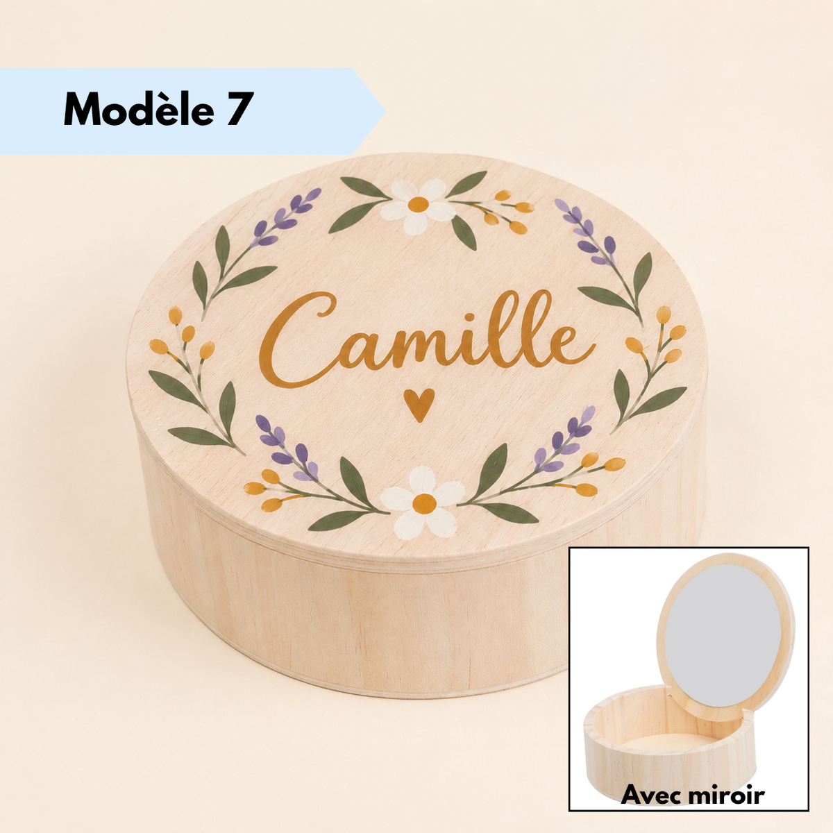 Boîte ronde pour bijoux en bois avec couvercle décoré et miroir