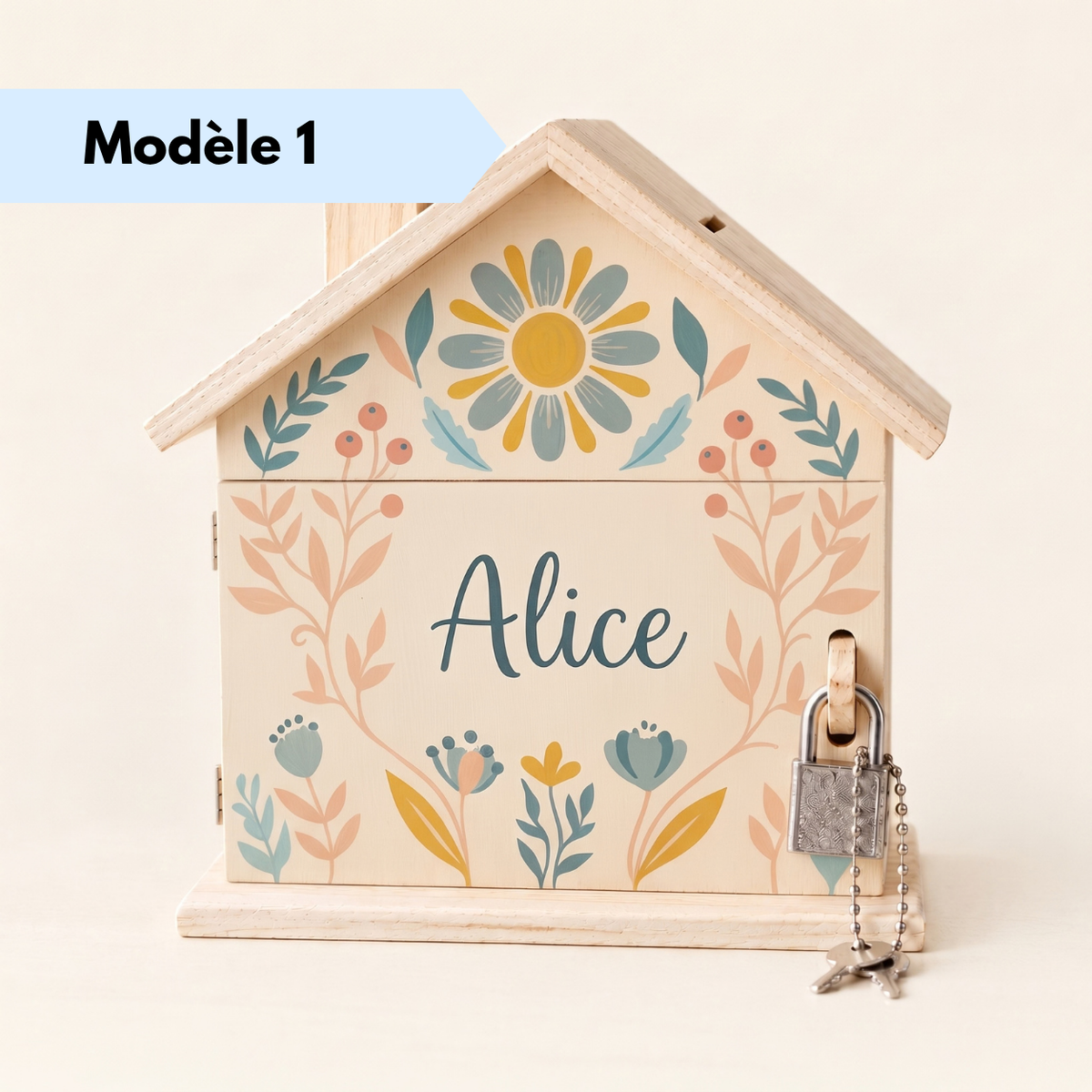 Tirelire maison en bois personnalisée avec prénom et décoration florale
