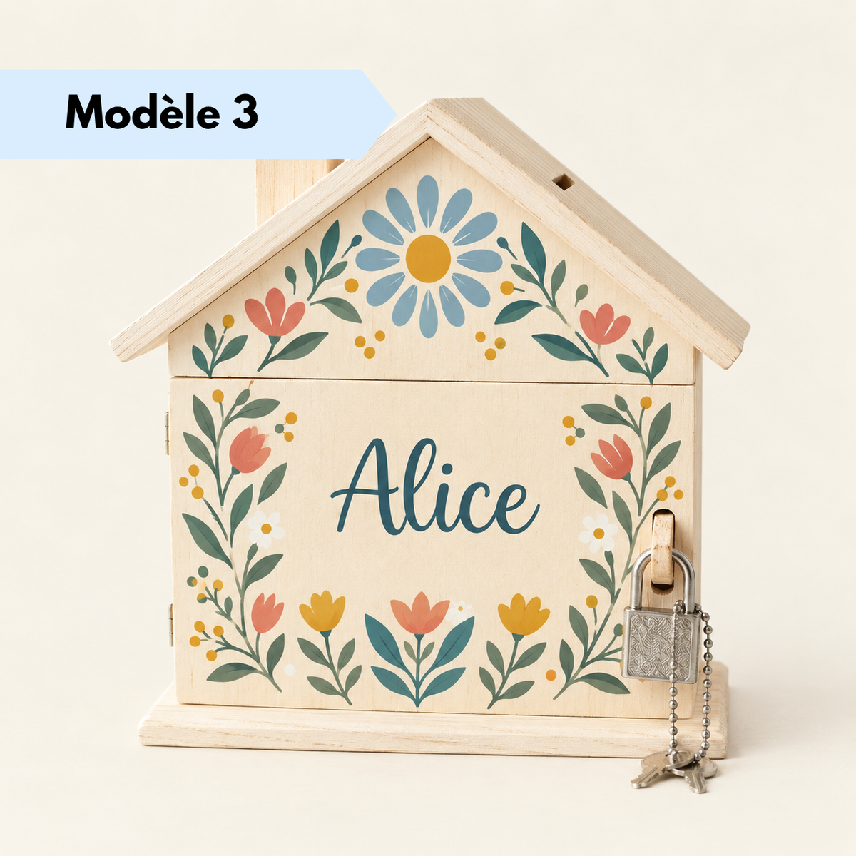 Tirelire en bois personnalisée avec cadenas et clés pour enfant