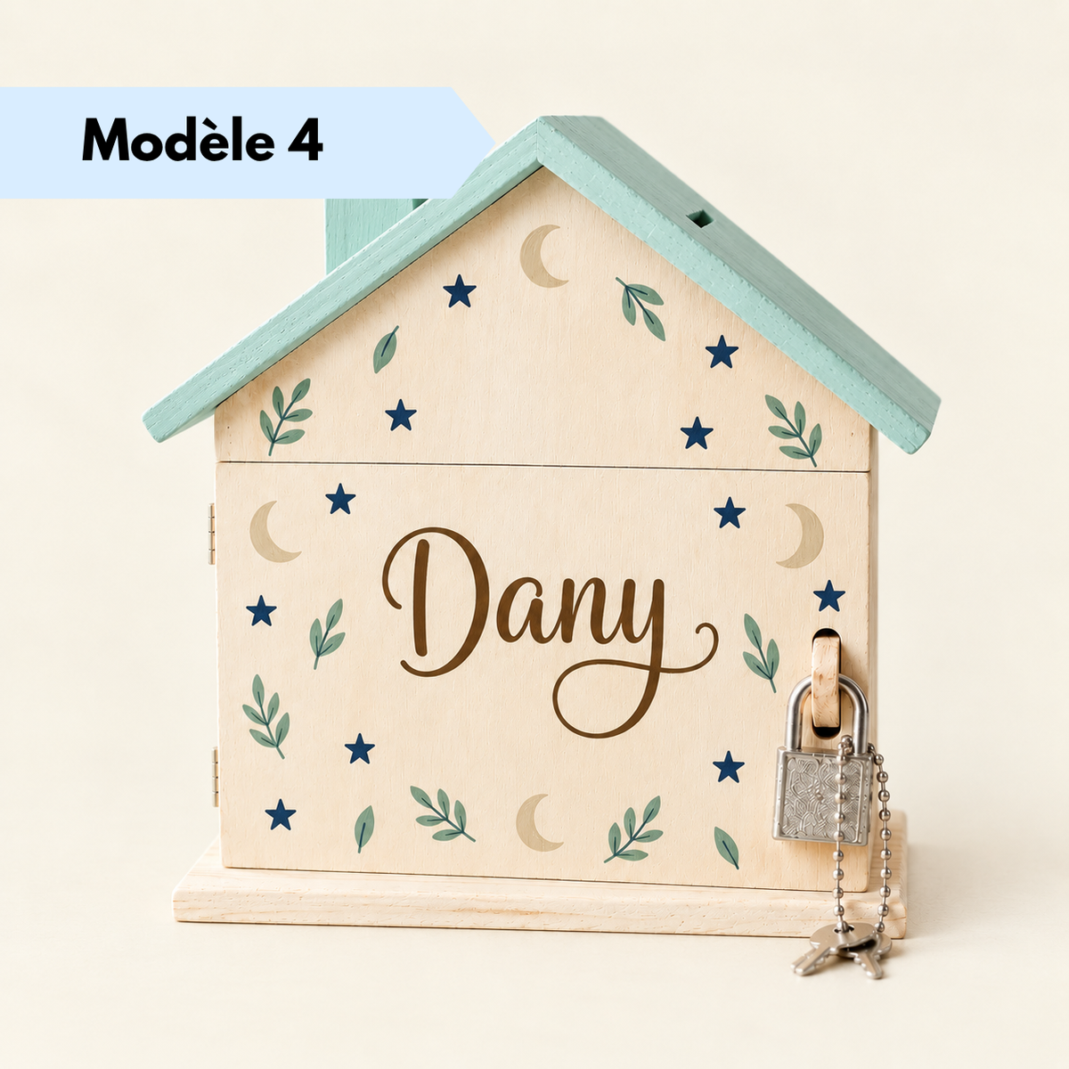 Tirelire maison en bois avec prénom et motif floral coloré
