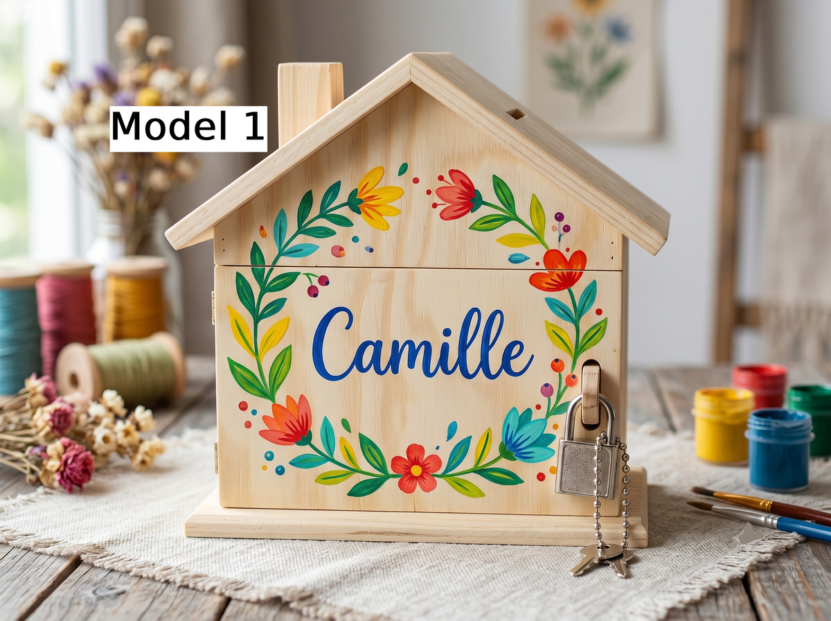 Tirelire maison en bois personnalisée avec prénom