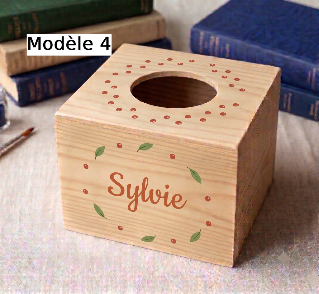 Boîte à mouchoirs en bois personnalisée avec texte et motifs peints à la main