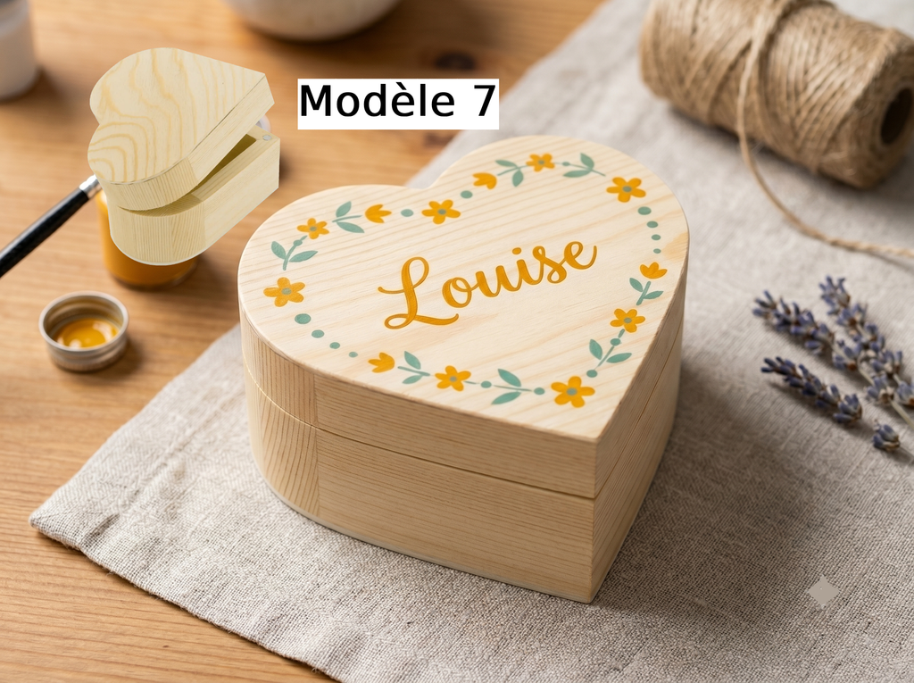 Boîte en bois cœur avec décoration florale