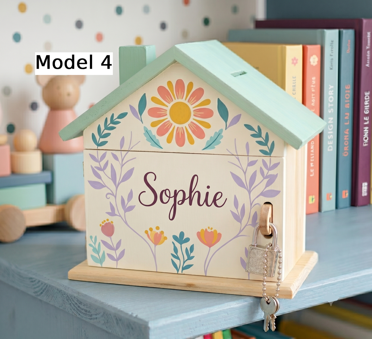 Tirelire maison en bois avec décoration florale