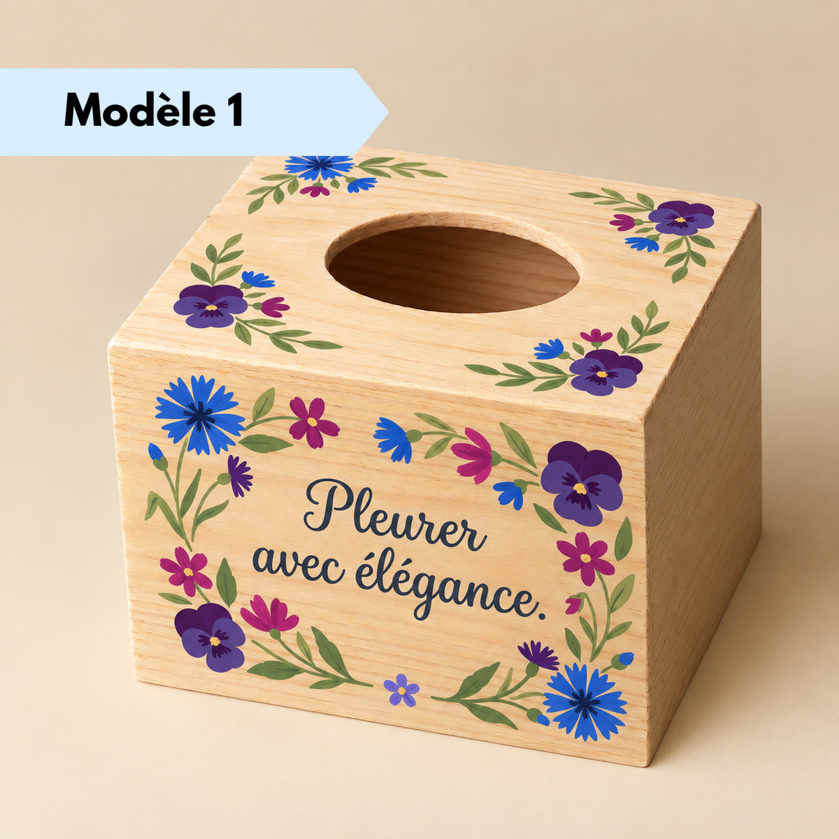Boîte à mouchoirs en bois personnalisée avec prénom et motifs floraux