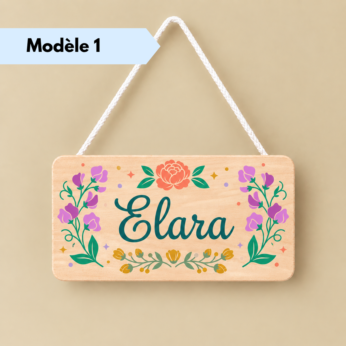 Plaque prénom rectangulaire en bois personnalisée pour chambre enfant