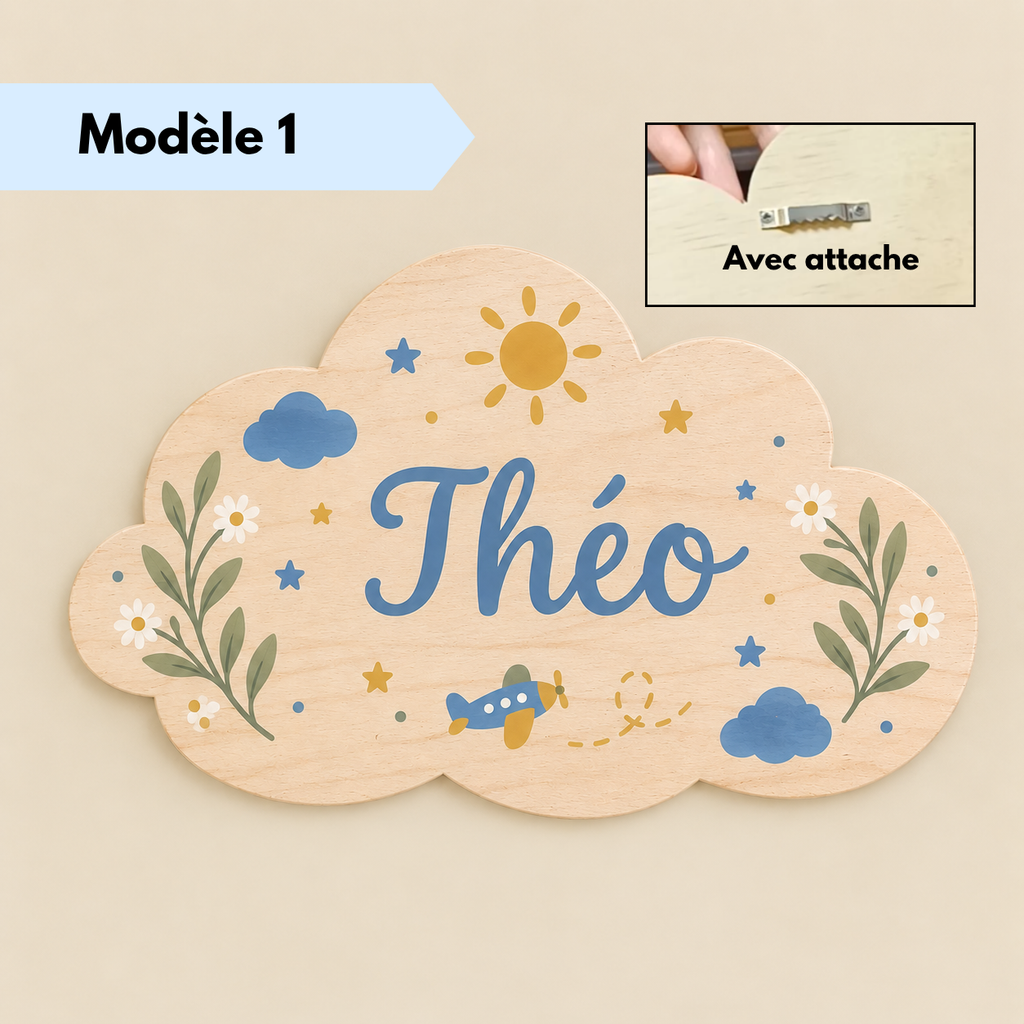 Plaque prénom nuage en bois personnalisée de 35 x 21 cm