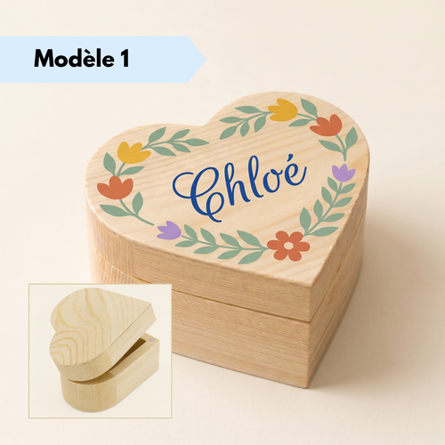 Boîte cœur en bois personnalisée avec prénom et motif floral