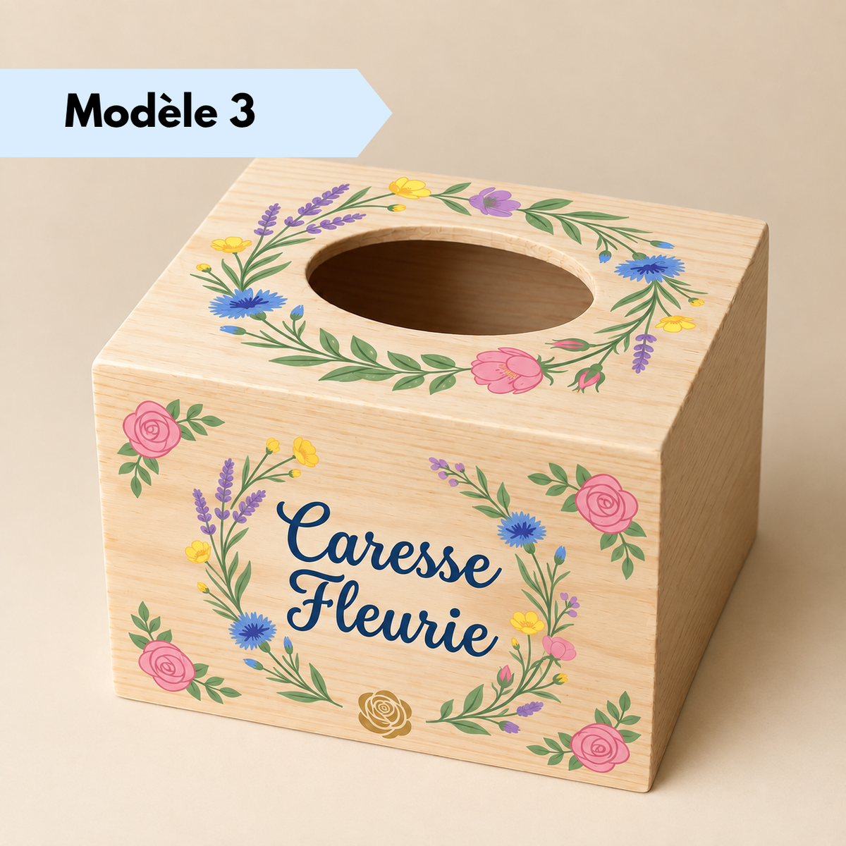 Boîte à mouchoirs cubique en bois personnalisée avec décoration florale