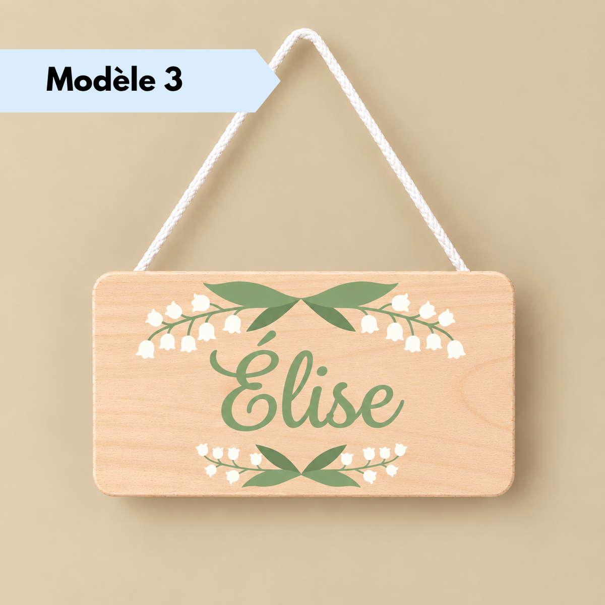 Plaque prénom rectangulaire personnalisée suspendue avec cordelette en jute