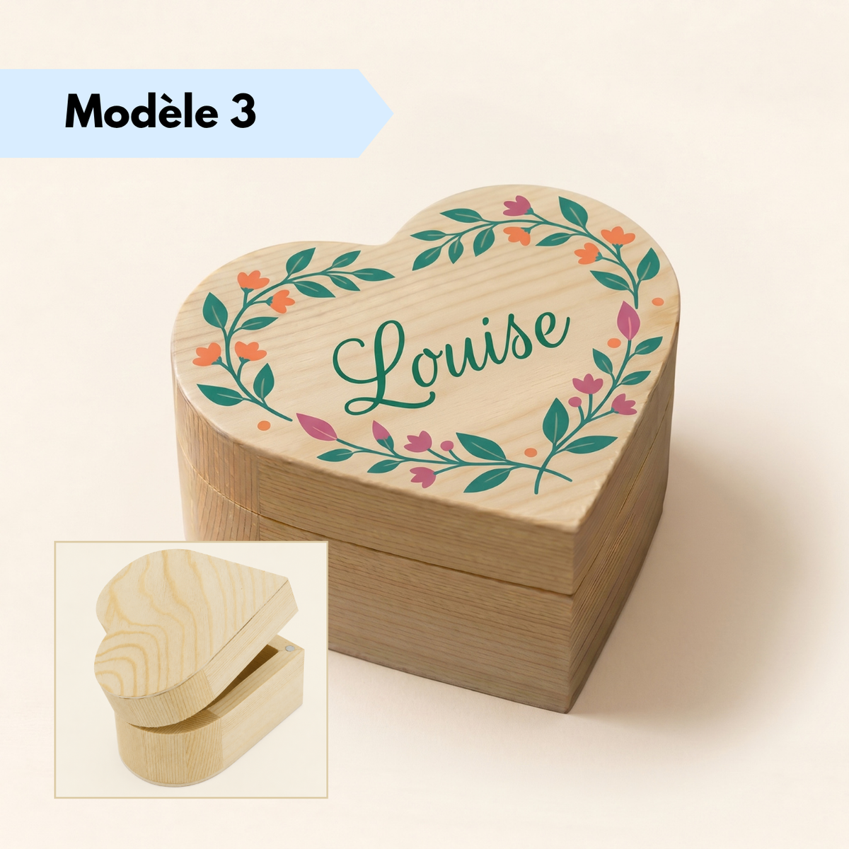 Boîte en bois en forme de cœur avec prénom personnalisé