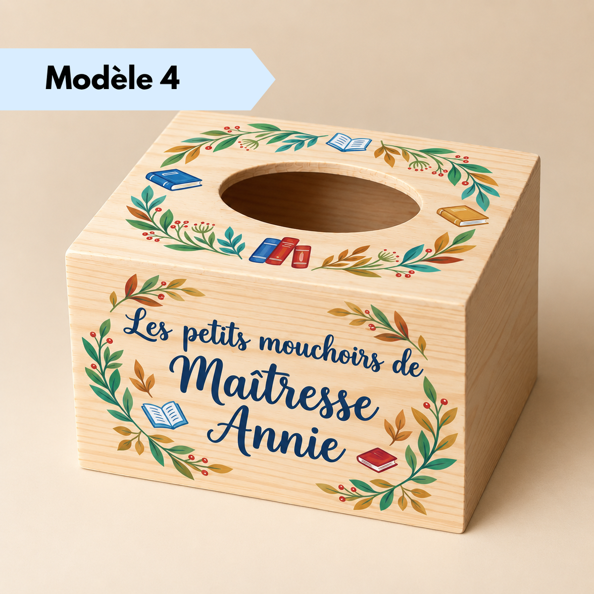 Boîte à mouchoirs en bois personnalisée avec texte et motifs peints à la main