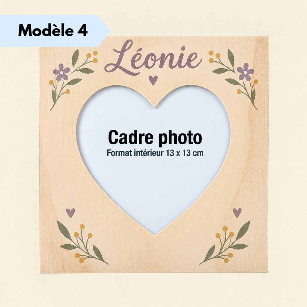 Cadre photo personnalisé en bois avec motif floral et prénom au choix