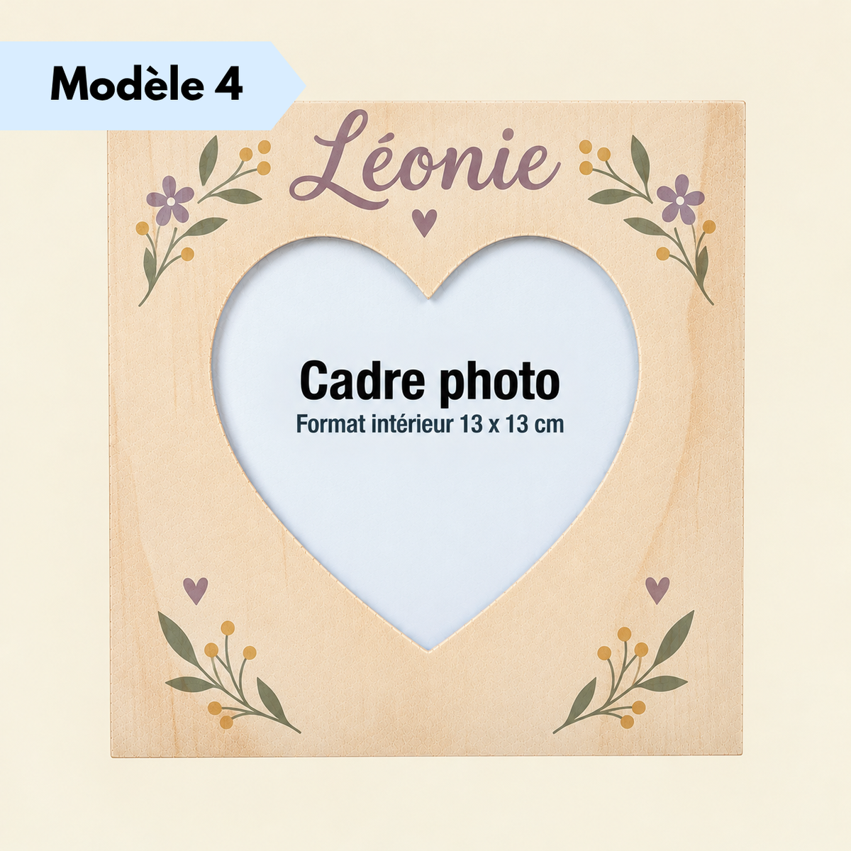 Cadre photo personnalisé en bois avec motif floral et prénom au choix