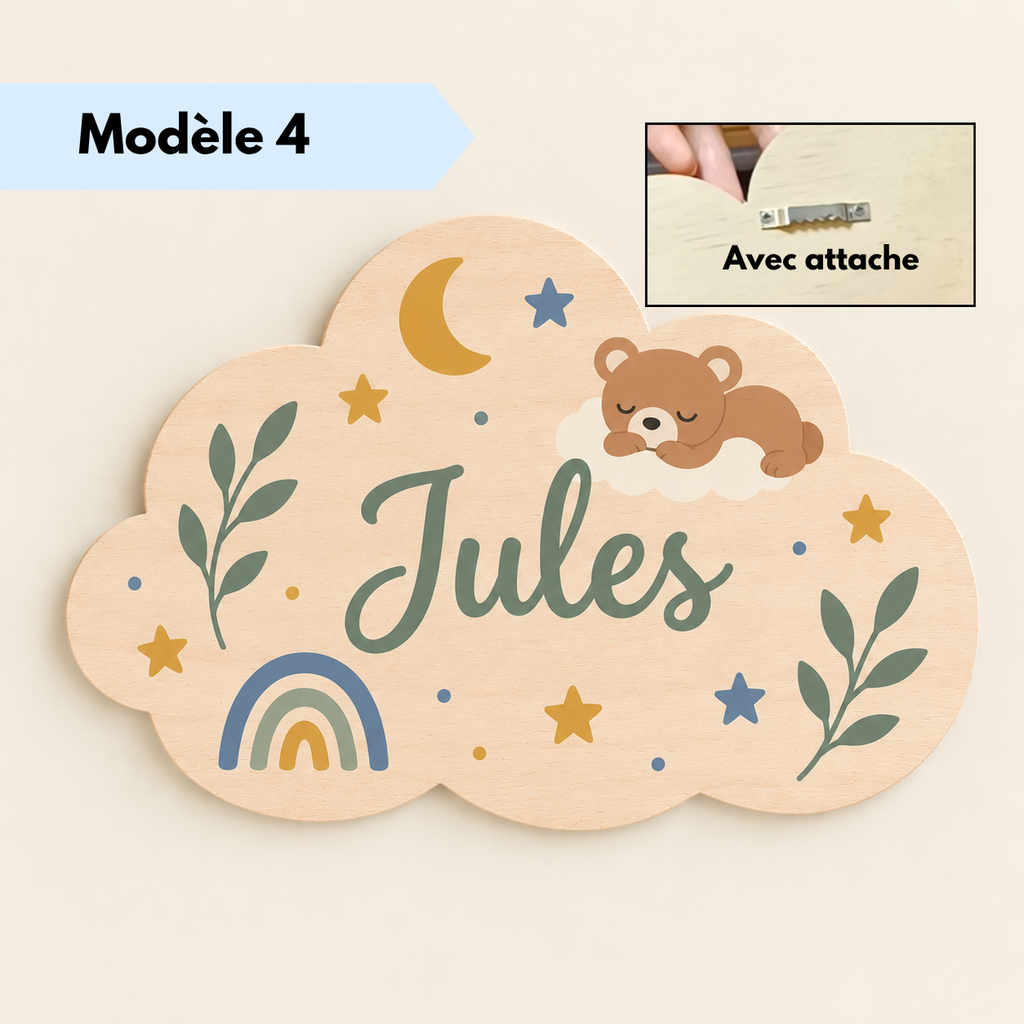Plaque prénom en bois peinte à la main avec fleurs et étoiles