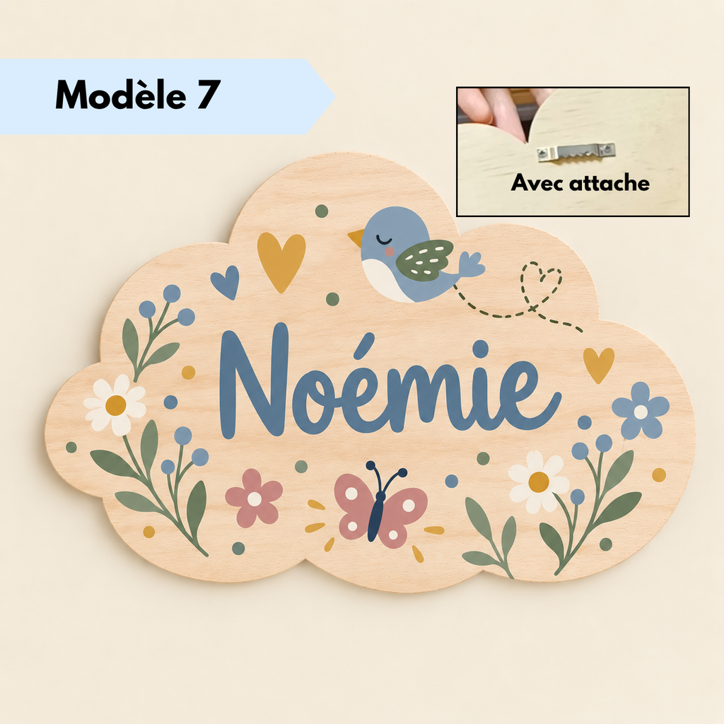 Plaque prénom nuage avec décoration florale peinte à la main