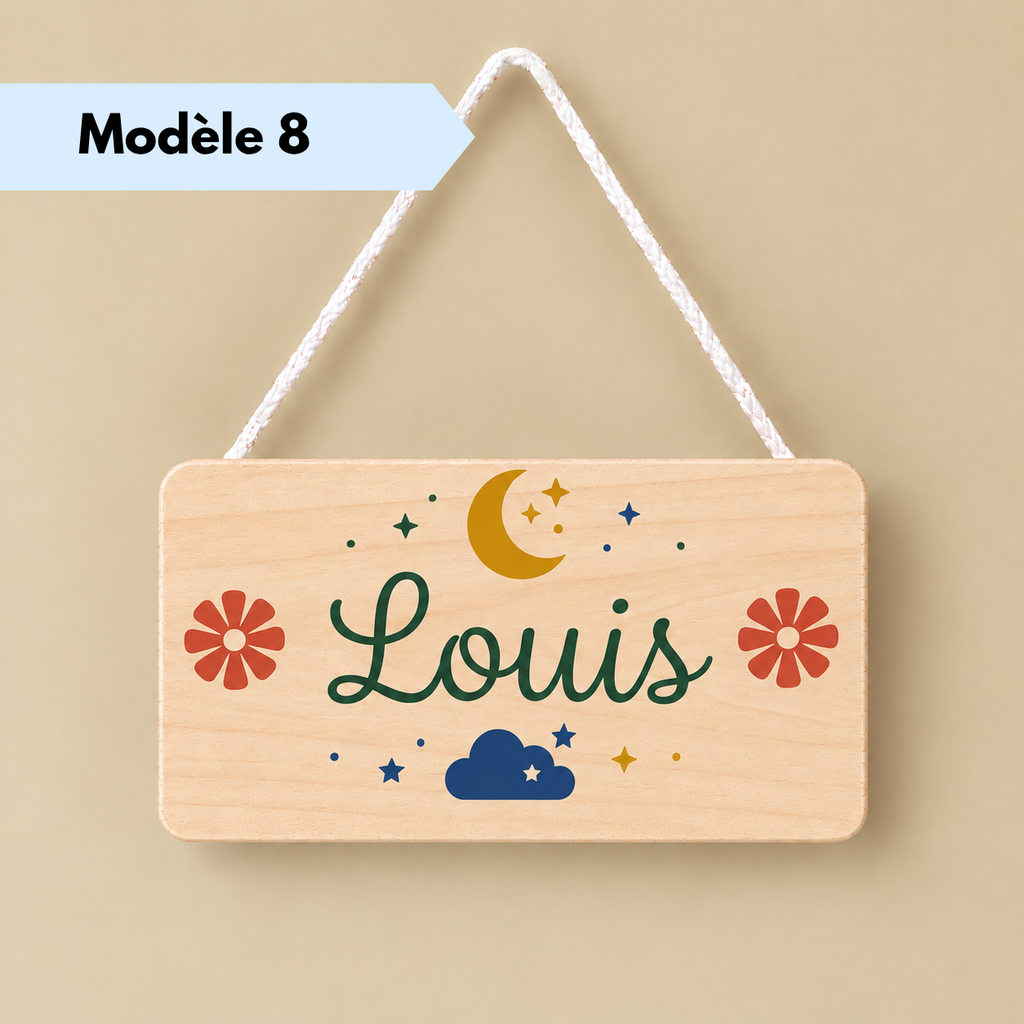 Plaque prénom personnalisée en bois avec cordelette de suspension