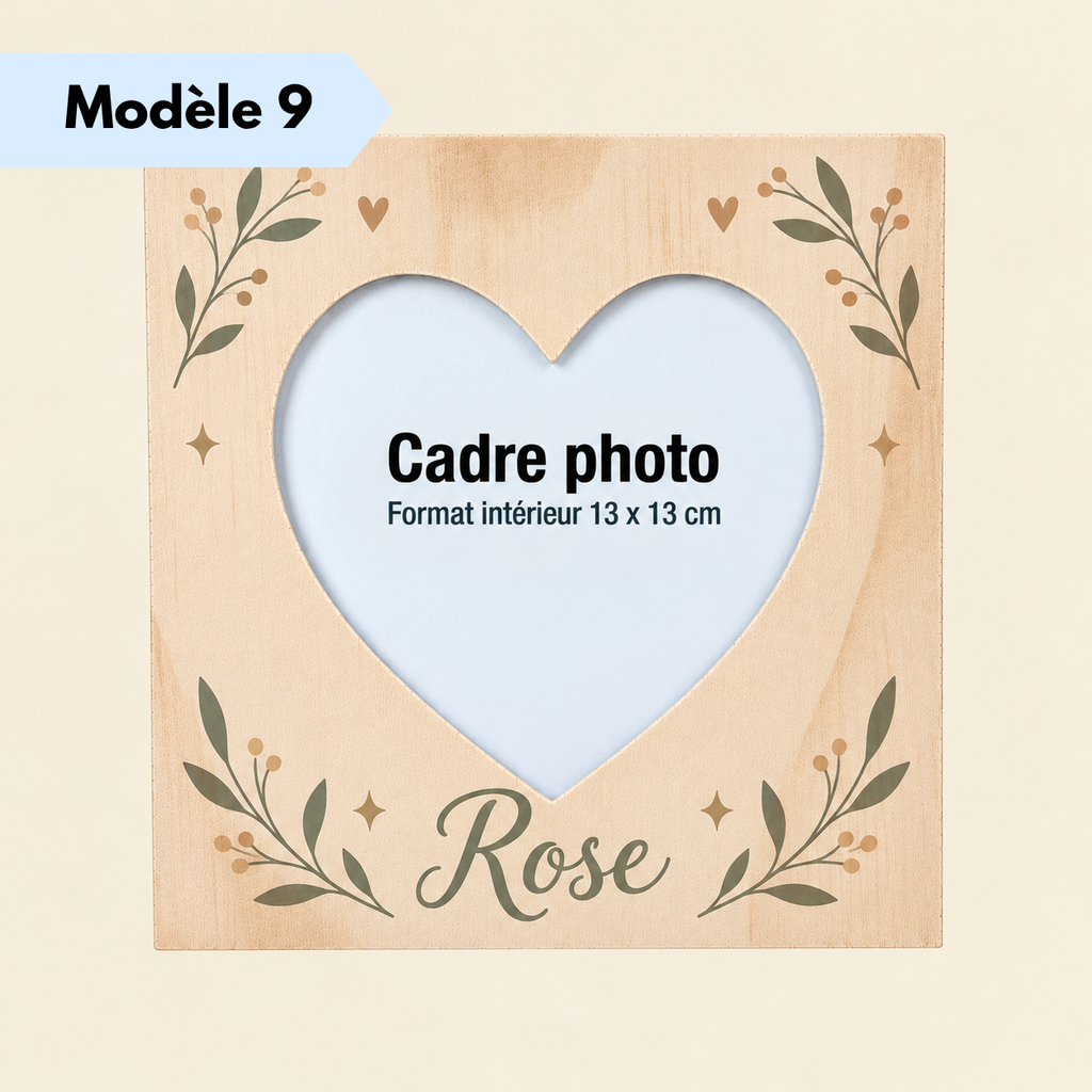 Cadre photo floral en bois avec personnalisation du prénom et de la couleur du texte