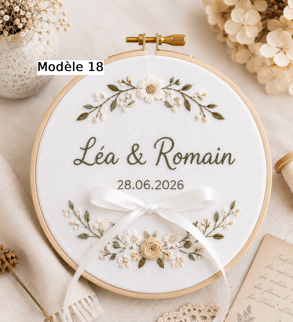 Souvenir de mariage personnalisé en tambour brodé