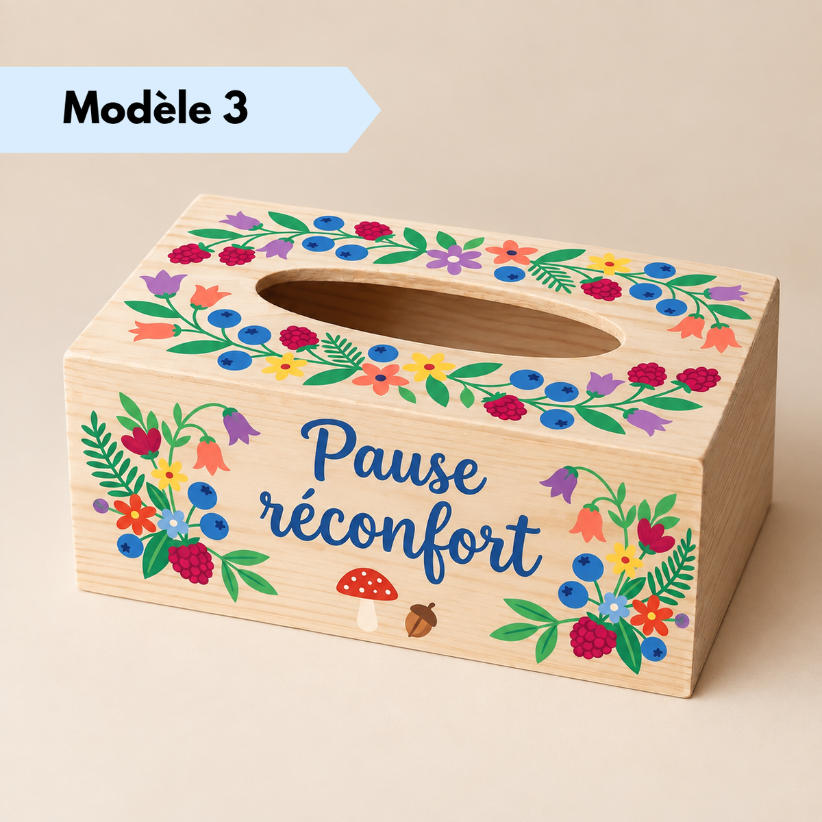 Boîte à mouchoirs personnalisée en bois naturel avec décoration florale